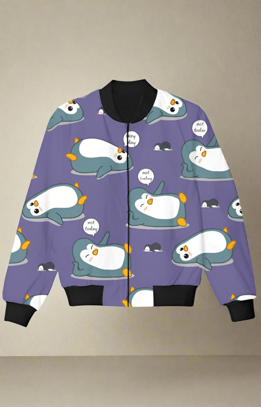 TuckTribeBlue Kids Bomber Jacket with Cute Lazy Penguin PrintsKids Bomber Jacket