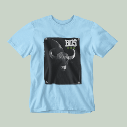 Light blue t-shirt with a black graphic of a bull and 'BOS' text on a gray background