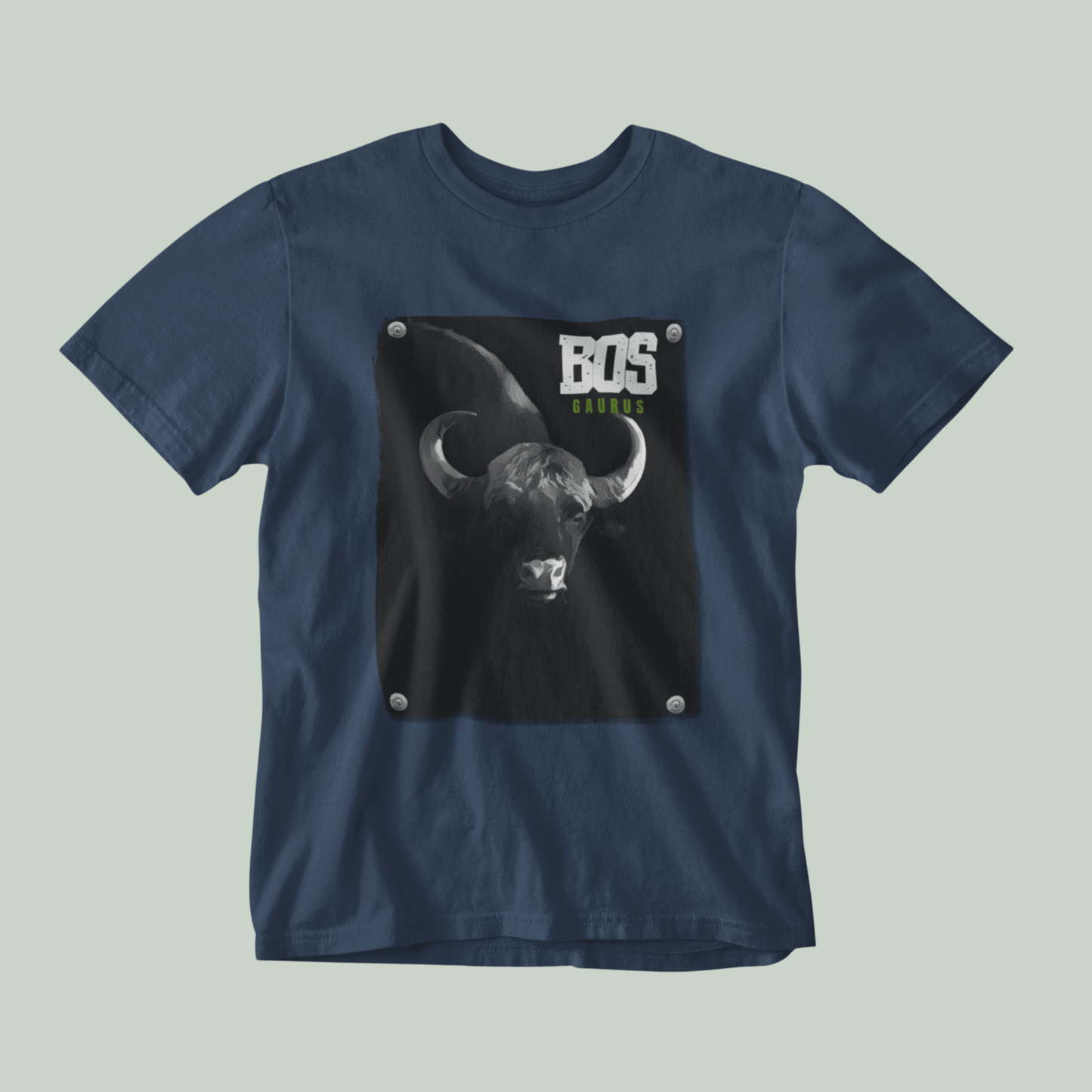 Navy blue t-shirt with a graphic of a bull's head and 'BOS' text on a light gray background