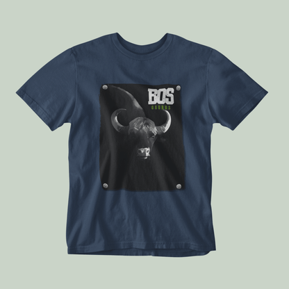 Navy blue t-shirt with a graphic of a bull's head and 'BOS' text on a light gray background