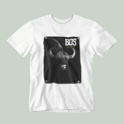 White t-shirt with a black graphic of a bull and 'BOS' logo on a light gray background