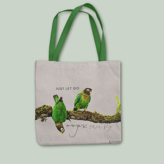 Tucktribe Tote bag with brownheaded parrot design and text on a light gray background