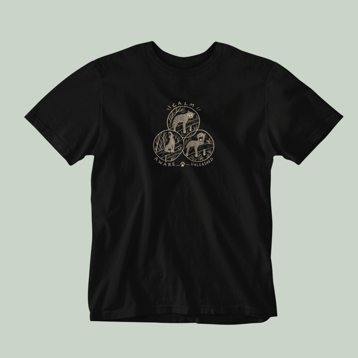 Black unisex leopard wildlife T-shirt with three illustrated leopard designs inspired by Rashmi Dsouza wildlife photography