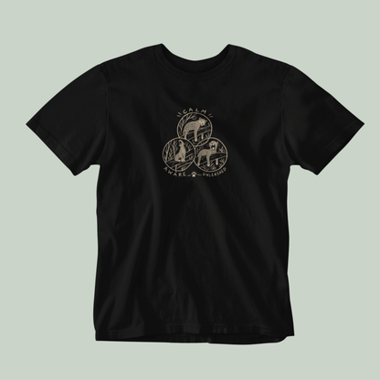 Black unisex leopard wildlife T-shirt with three illustrated leopard designs inspired by Rashmi Dsouza wildlife photography