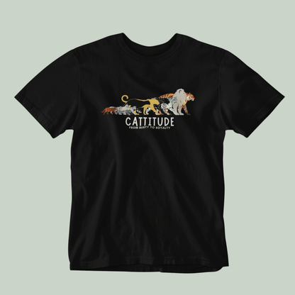 Black Tucktribe t-shirt with cat-themed graphic and 'Cattitude' text on a light green background