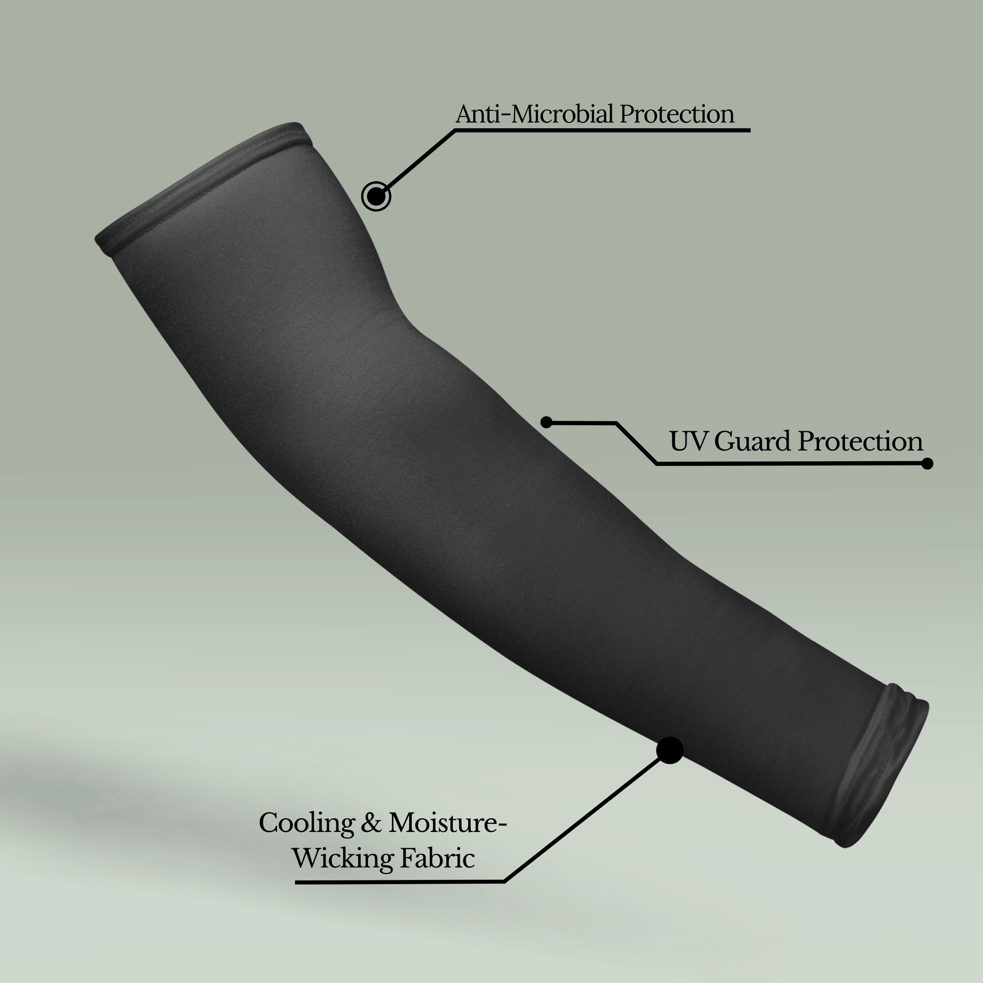 Tucktribe charcoal black arm sleeve with labeled protective features on a light green background
