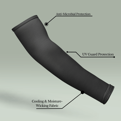 Tucktribe charcoal black arm sleeve with labeled protective features on a light green background