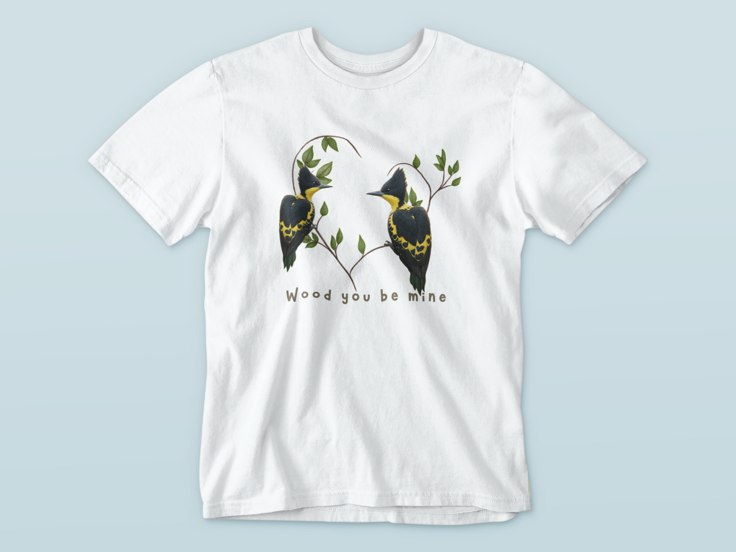 White t-shirt with bird design and text on a light blue background