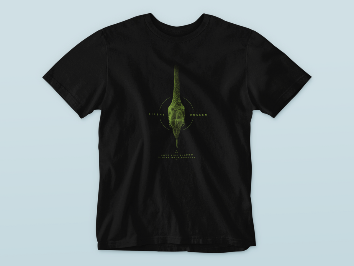 Black graphic T-shirt featuring detailed green vine snake artwork with Silent Unseen typography