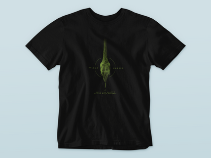 Black graphic T-shirt featuring detailed green vine snake artwork with Silent Unseen typography