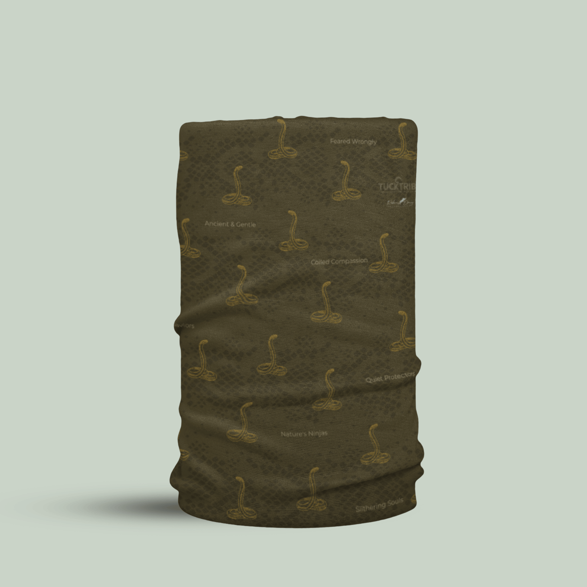 Tucktribe Cobra wildlife neck gaiter with repeating snake pattern inspired by wildlife photography