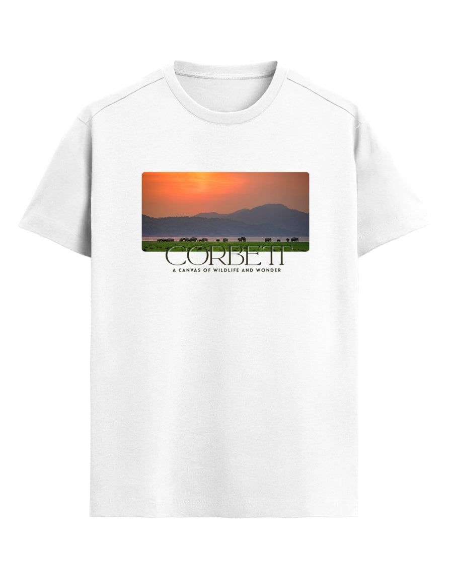 White t-shirt with a scenic print and text on a white background