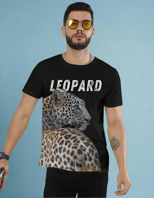 Front view of The Leopard T-shirt in black featuring a high-resolution leopard image – Arvind Karthik Signature Wildlife Series