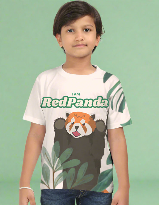 Child wearing a t-shirt with a red panda design and text on a green background