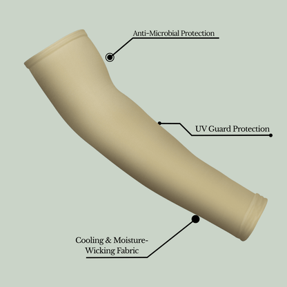 Tucktribe Desert sand colour arm sleeve with labeled features on a light gray background