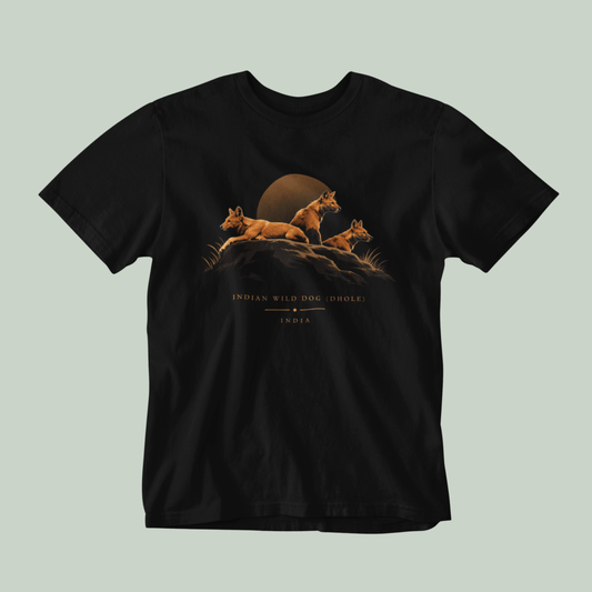 Dhole wildlife Black T-shirt featuring three Indian wild dogs on a rocky landscape with sunset-inspired artwork