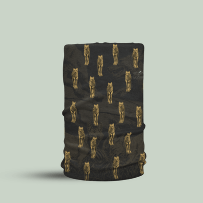Dhole print neck gaiter featuring gold Asiatic wild dog illustrations on a dark earthy background
