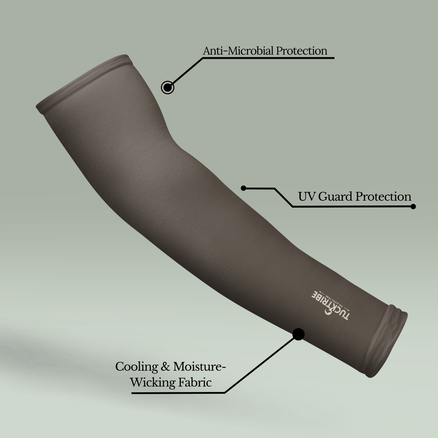 Tucktribe Earth Brown arm sleeve with labeled features on a light gray background