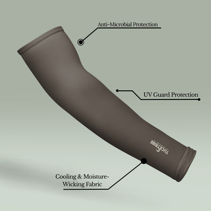 Tucktribe Earth Brown arm sleeve with labeled features on a light gray background