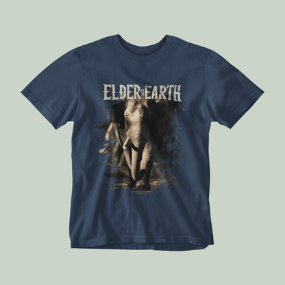 Navy blue Tshirt with Elephant Graphic and a text ELDER OF EARTH on it
