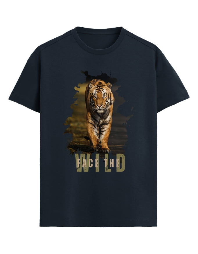 Navy blue t-shirt with a tiger graphic and 'Face the wild' text on a white background