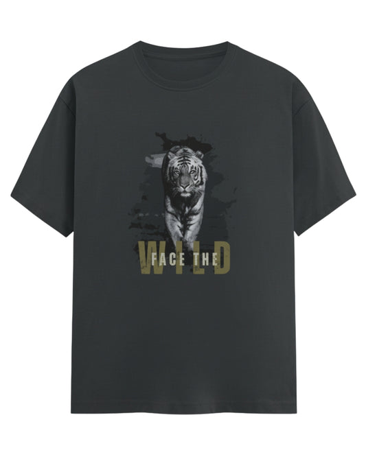 Black t-shirt with a tiger graphic and 'Face the Wild' text on a white background