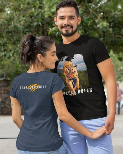 Man wearing a black tshirt with Tiger graphics on it and women wearing a navy blue tshirt with text FEARLESS RULER written on the back