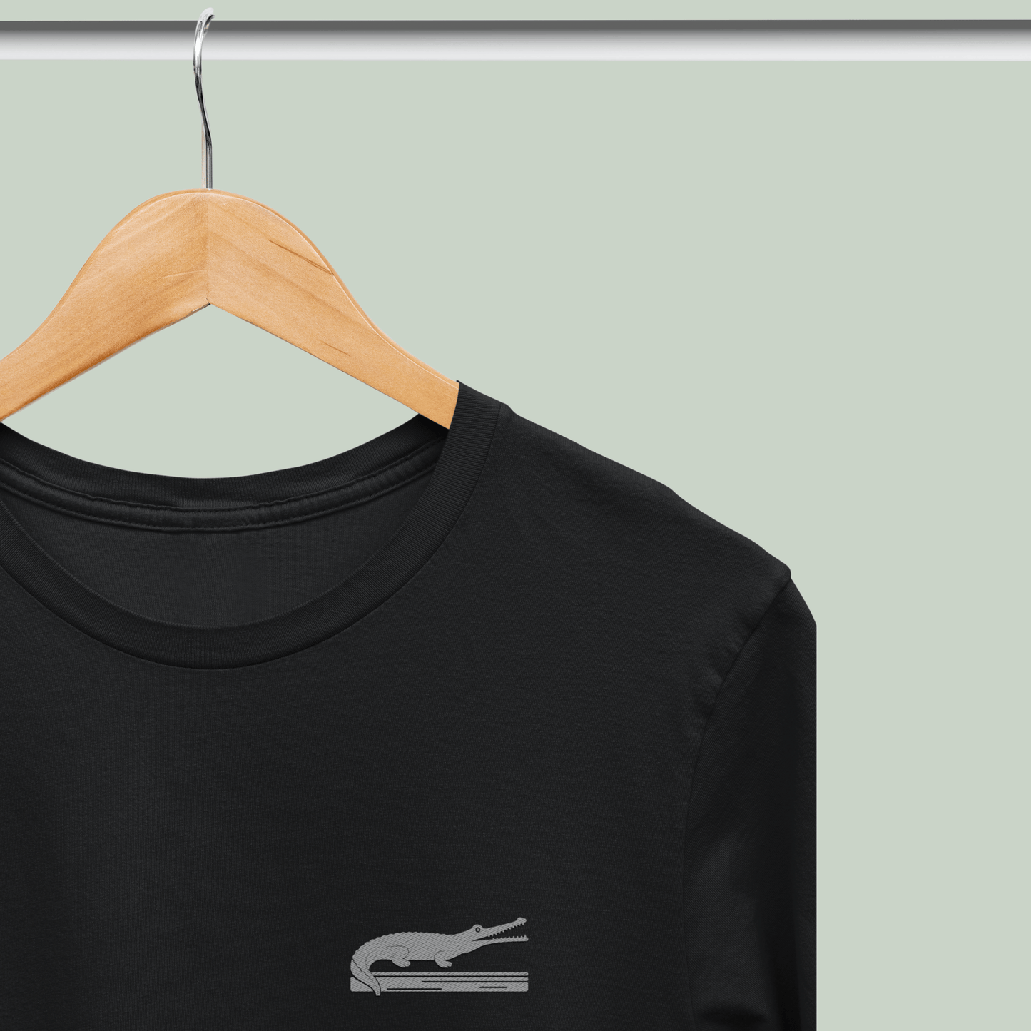 black cotton stretch t-shirt with embroidered Indian Gharial wildlife design by Tucktribe