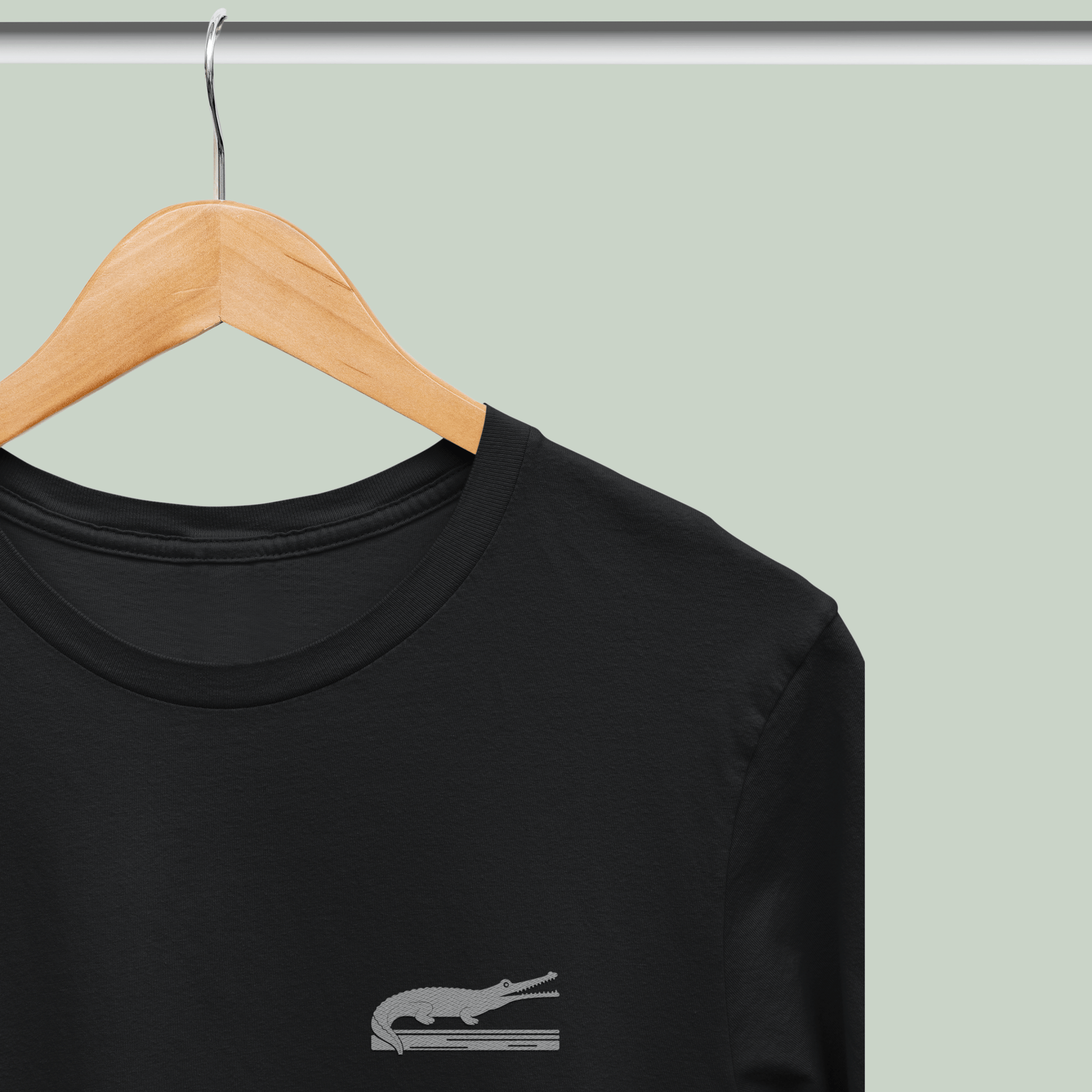 black cotton stretch t-shirt with embroidered Indian Gharial wildlife design by Tucktribe