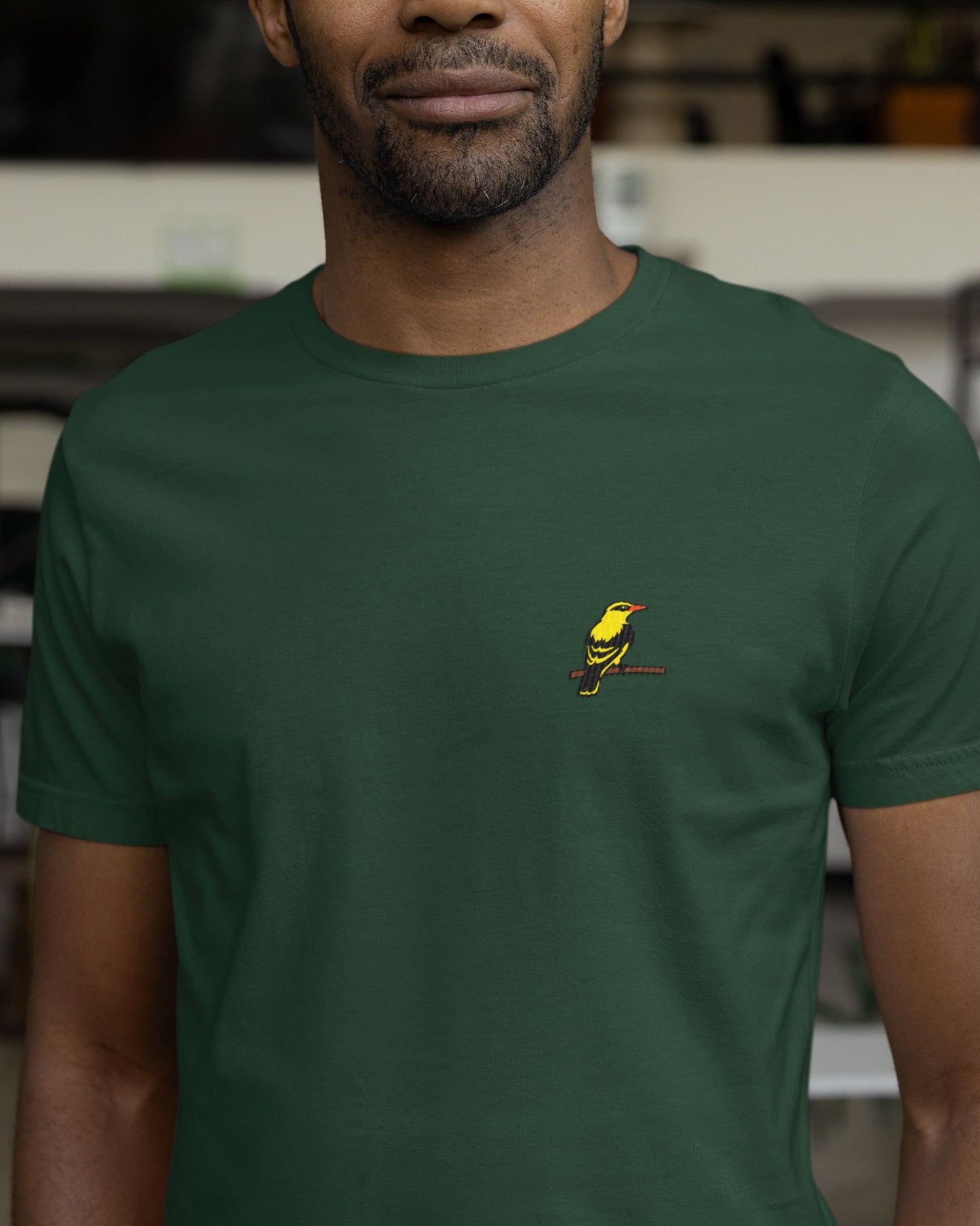 Person wearing a green tucktribe t-shirt with a small embroidery of a golden oriole on  the chest.