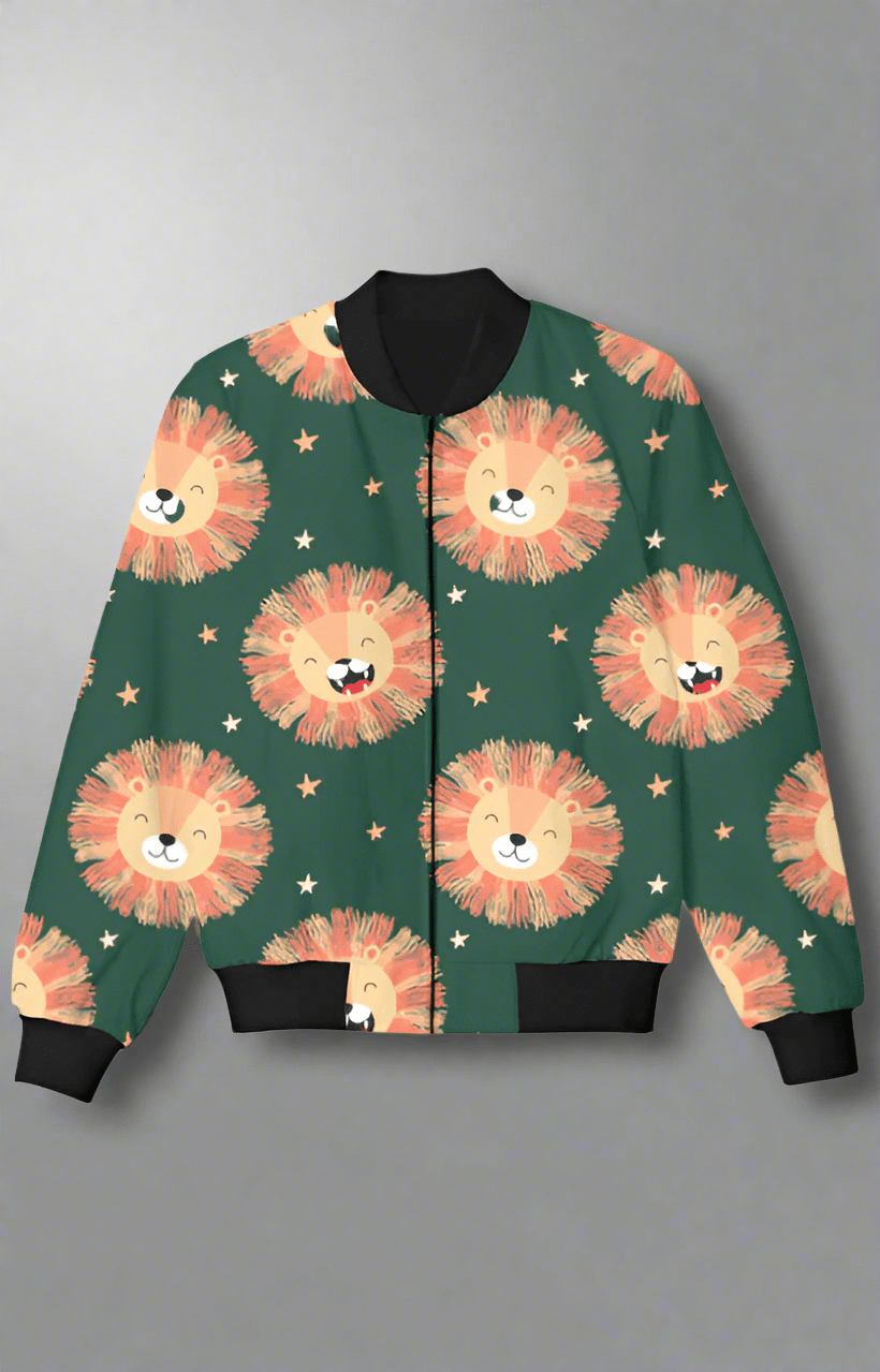 TuckTribeGreen Kids Bomber Jacket with Adorable Lion PrintKids Bomber Jacket