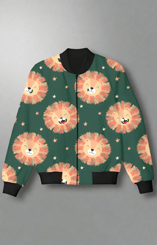 TuckTribeGreen Kids Bomber Jacket with Adorable Lion PrintKids Bomber Jacket