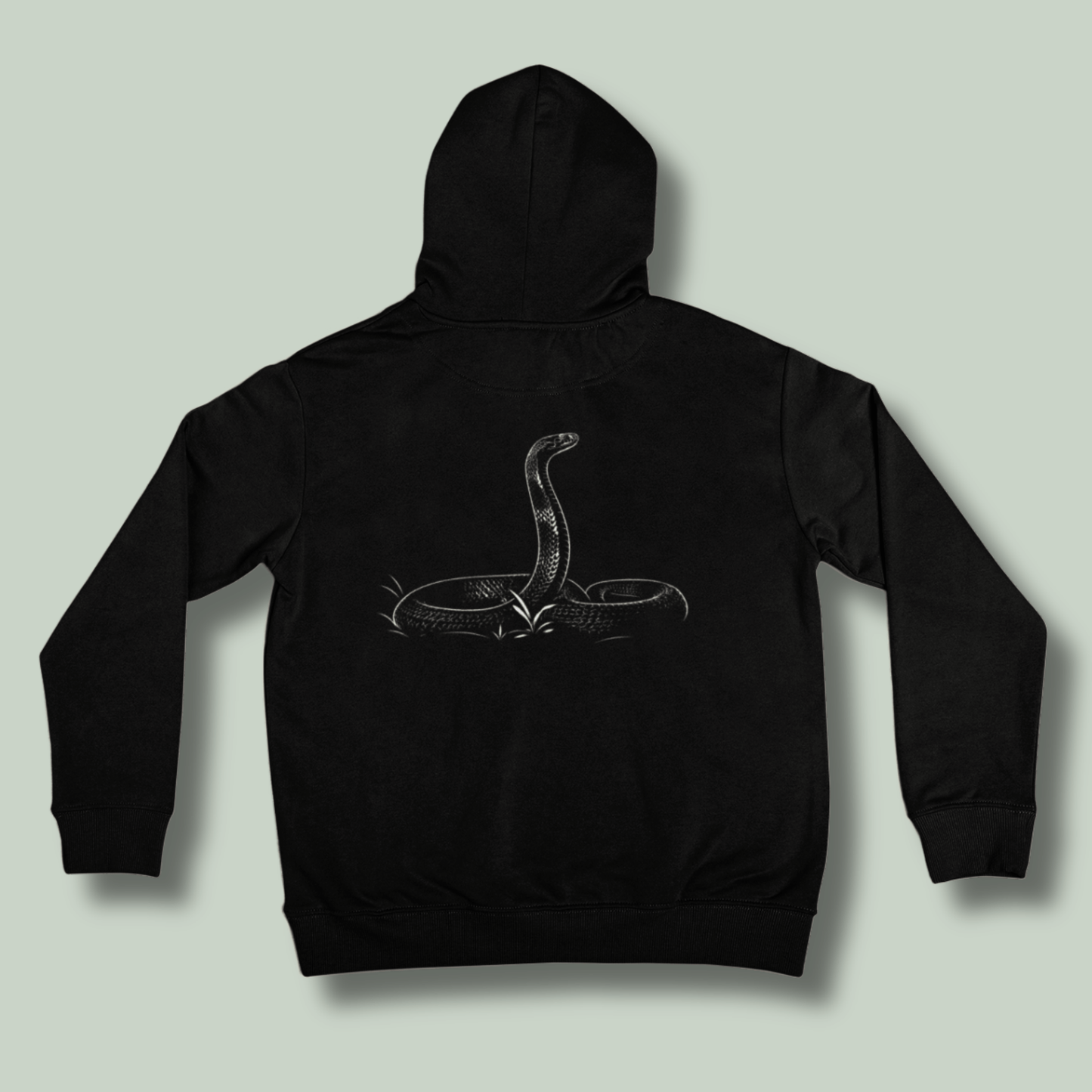 Black tucktribe unisex hoodie featuring  detailed cobra snake artwork on the back for wildlife lovers.