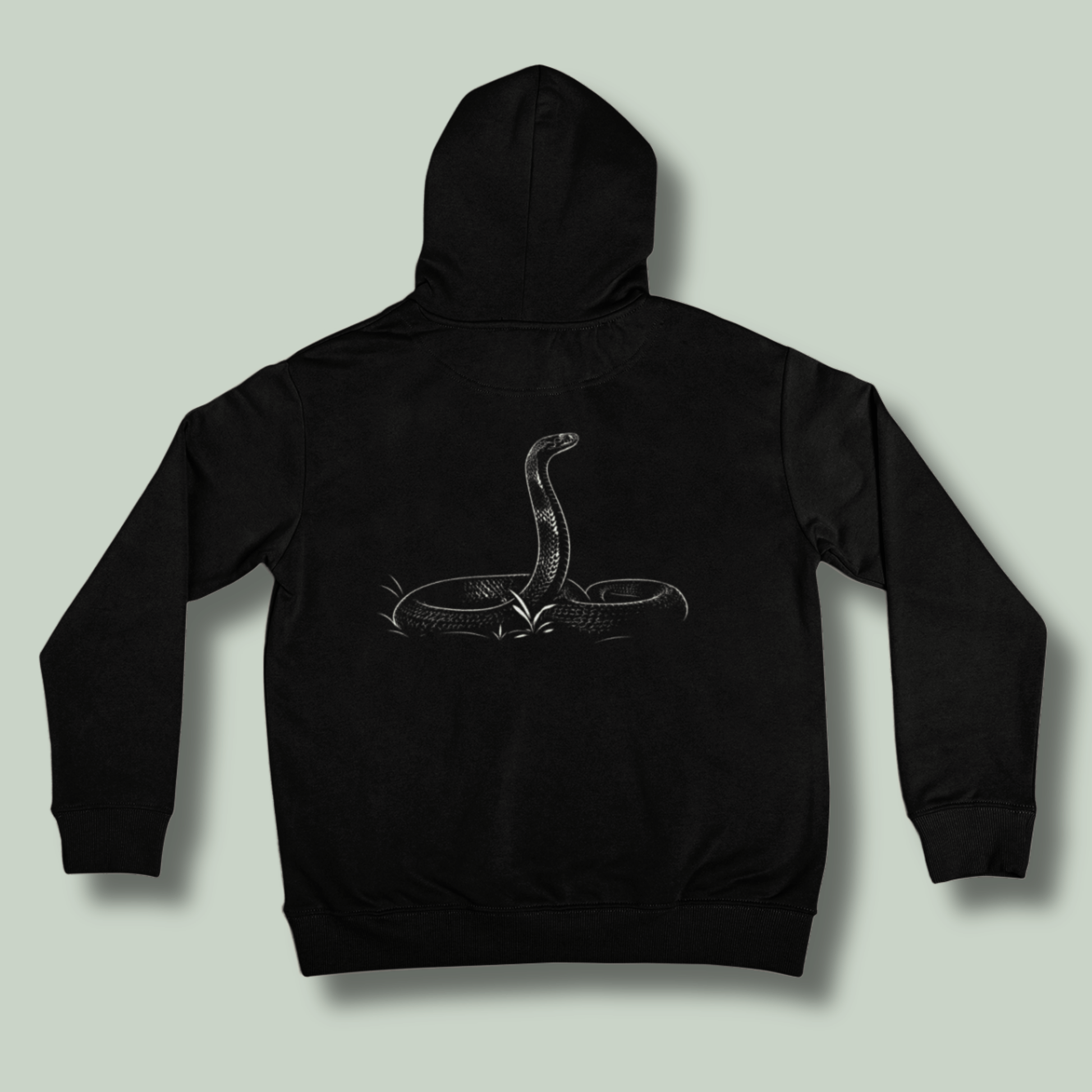 Black tucktribe unisex hoodie featuring  detailed cobra snake artwork on the back for wildlife lovers.