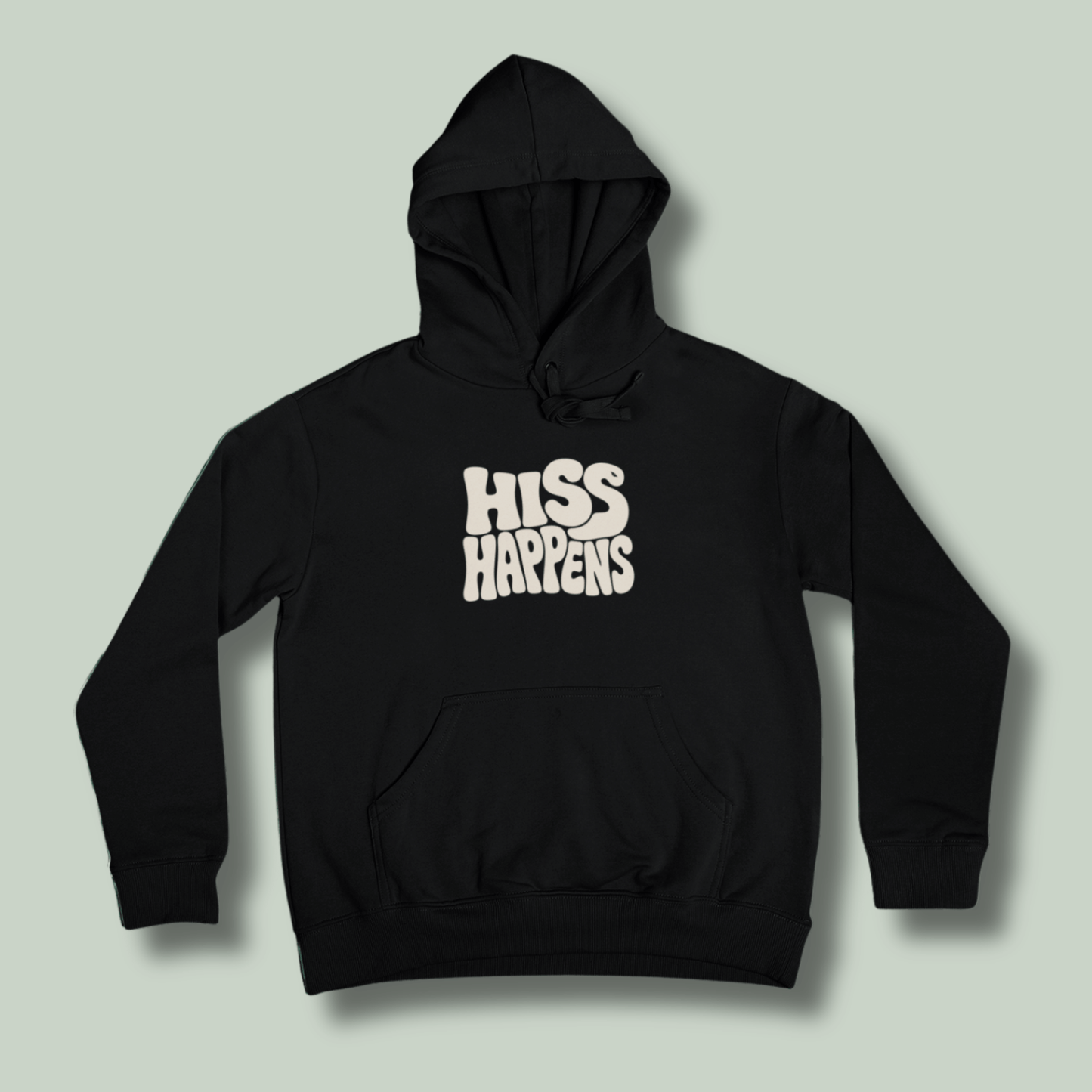 Black tucktribe unisex hoodie featuring Hiss Happens typography on the front 