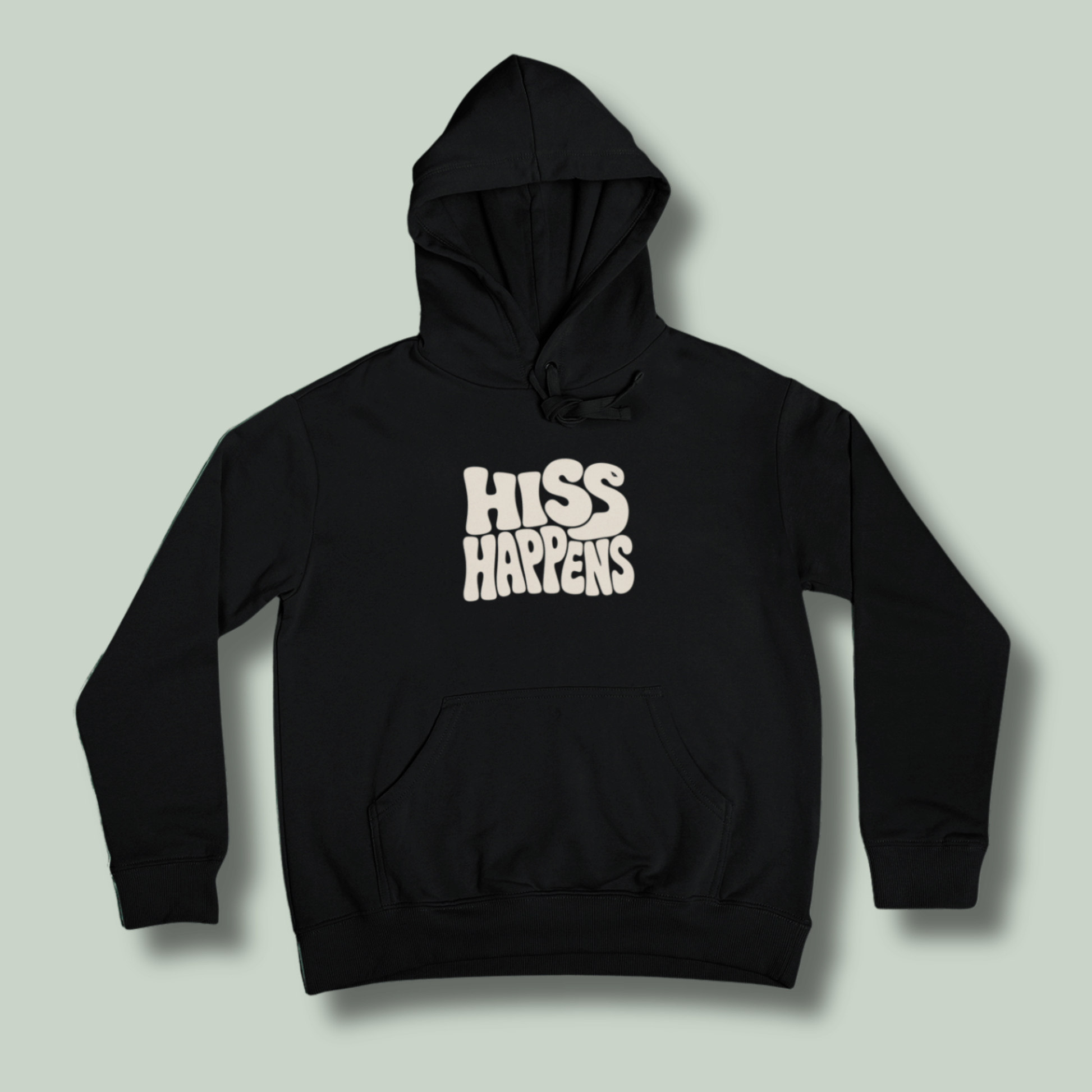 Black tucktribe unisex hoodie featuring Hiss Happens typography on the front 