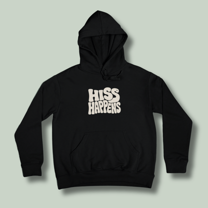 Black tucktribe unisex hoodie featuring Hiss Happens typography on the front 