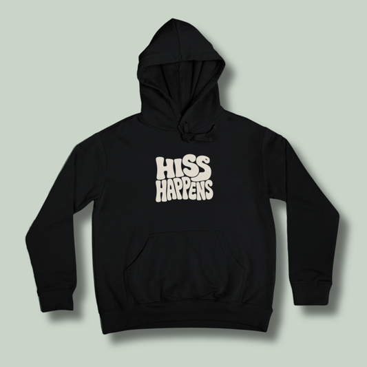 Black tucktribe unisex hoodie featuring Hiss Happens typography on the front 