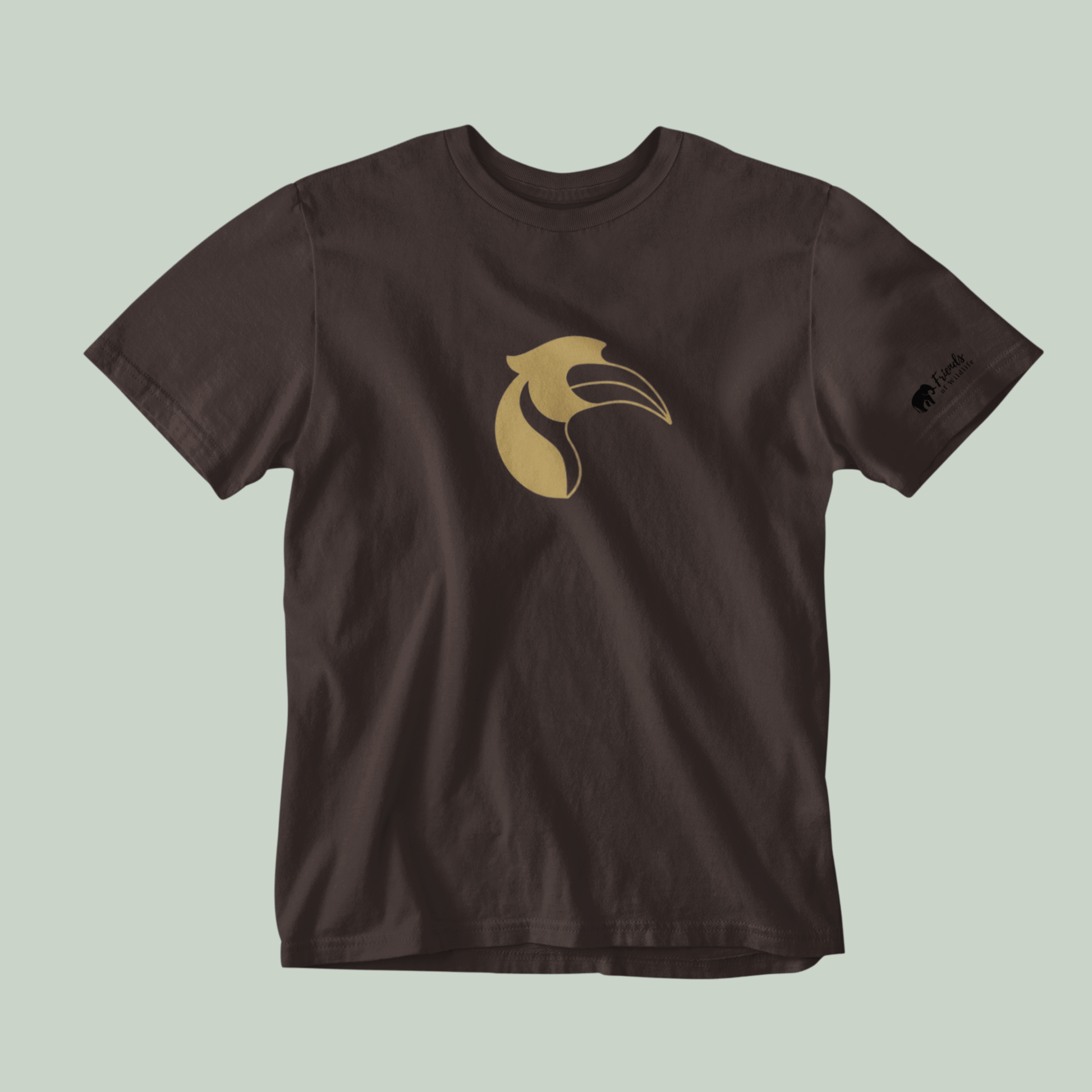 Brown tucktribe t-shirt with a gold hornbill logo on a light green background