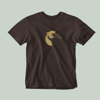 Brown tucktribe t-shirt with a gold hornbill logo on a light green background