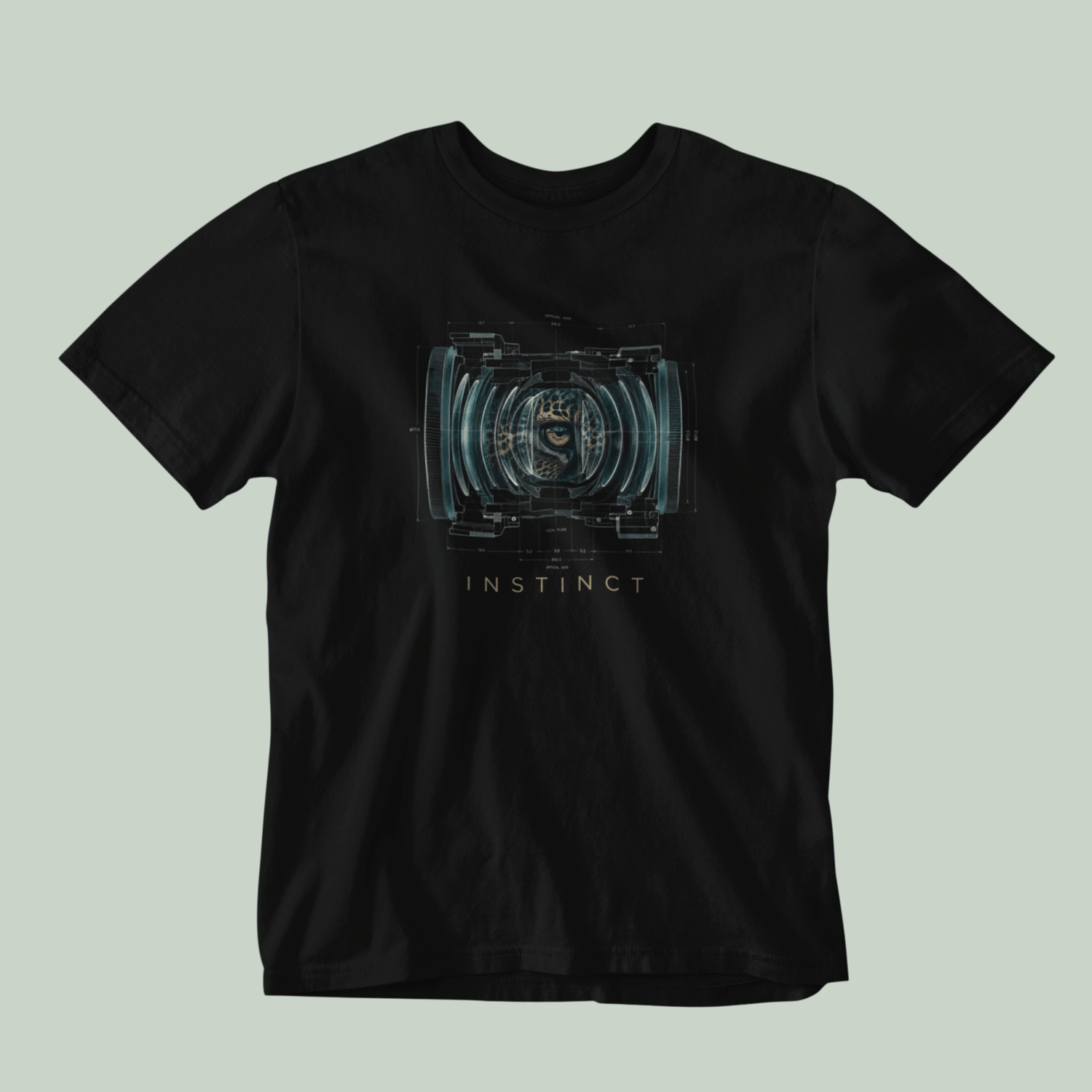 Black tucktribe t-shirt with a graphic design and the word 'INSTINCT' on a light green background