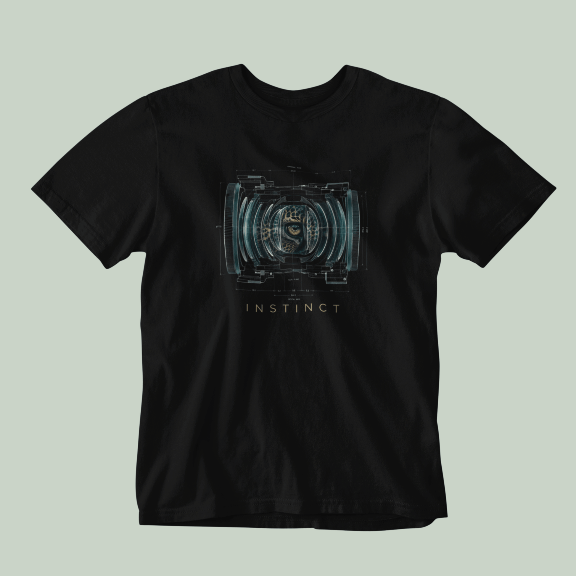 Black tucktribe t-shirt with a graphic design and the word 'INSTINCT' on a light green background