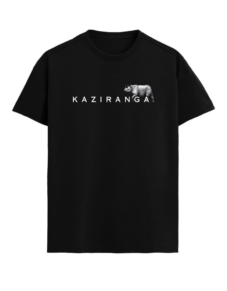 Black t-shirt with 'Kaziranga' text and logo on a white background