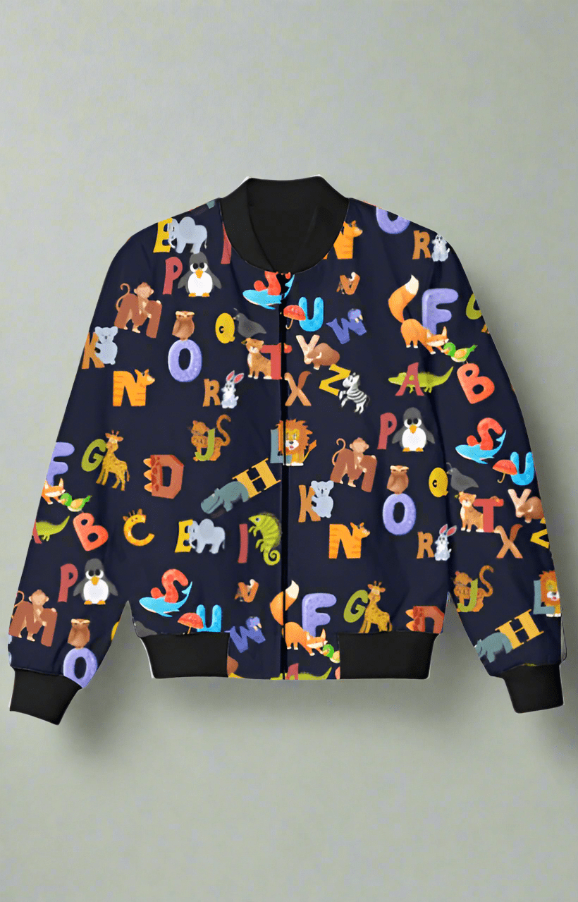 TuckTribeKids Printed Alphabet Bomber JacketKids bomber Jacket
