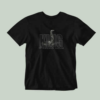 King Cobra wildlife T-shirt featuring detailed Ophiophagus hannah snake artwork with bold KING typography