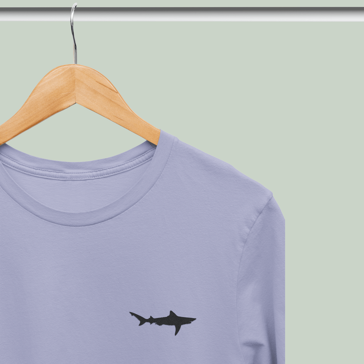 Lavender cotton stretch t-shirt with embroidered Ganges Shark wildlife design by Tucktribe