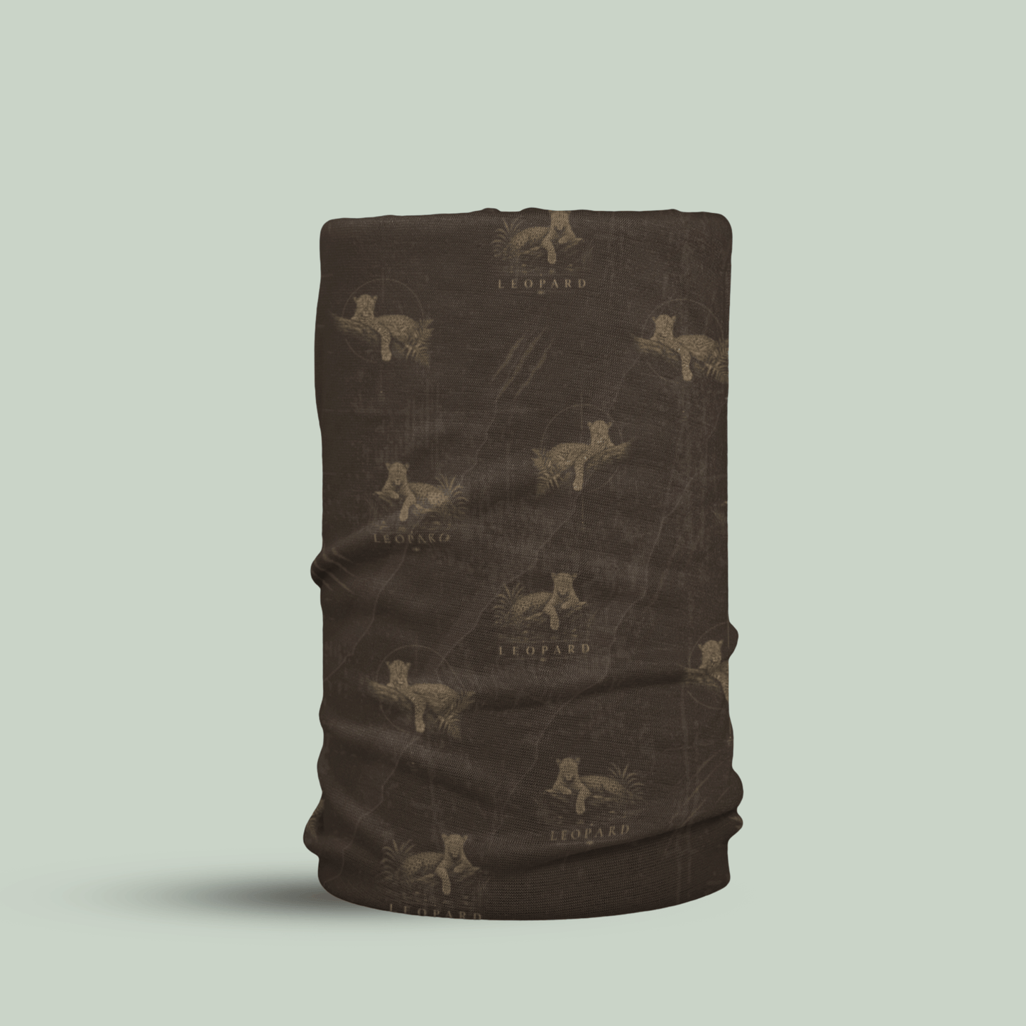 Tucktribe brown Leopard wildlife neck gaiter with repeating leopard pattern inspired by wildlife photography