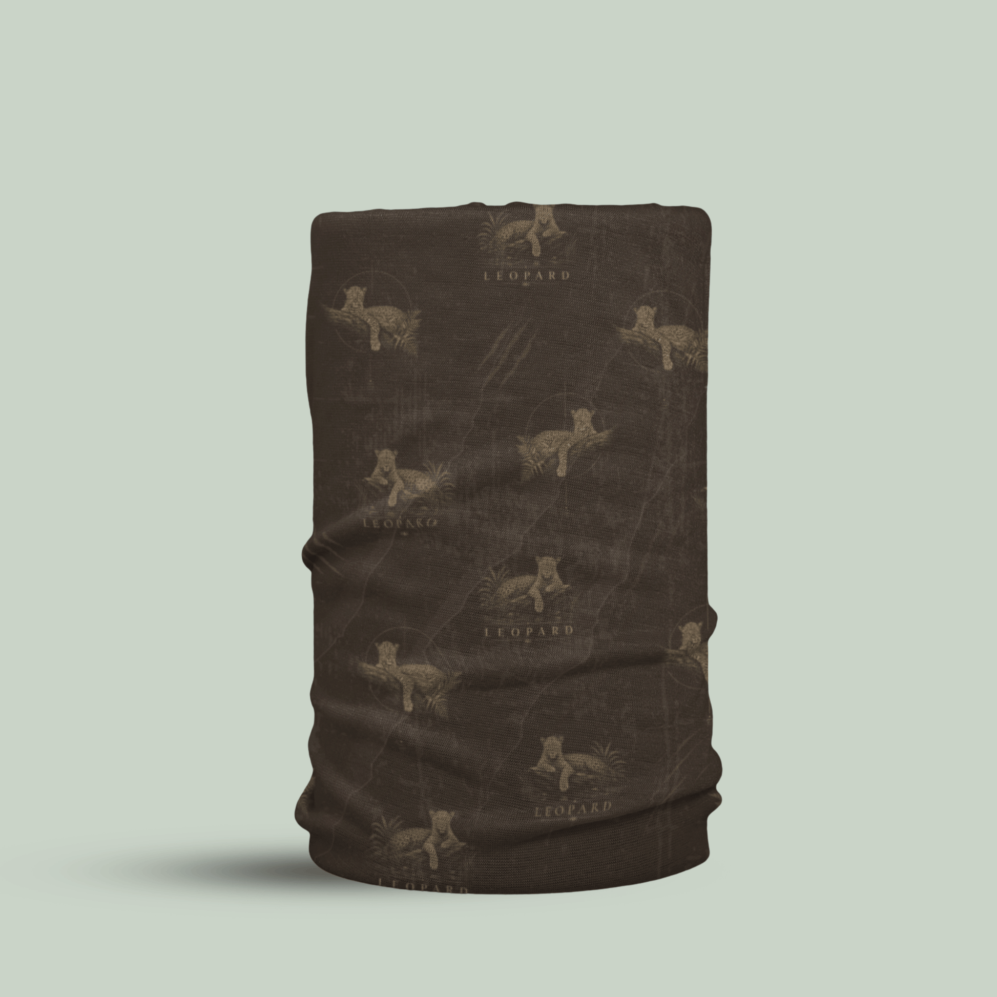 Tucktribe brown Leopard wildlife neck gaiter with repeating leopard pattern inspired by wildlife photography