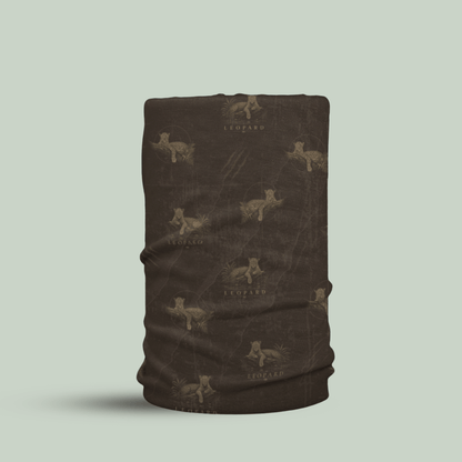Tucktribe brown Leopard wildlife neck gaiter with repeating leopard pattern inspired by wildlife photography
