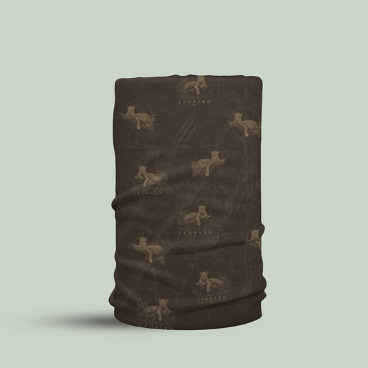 Tucktribe brown Leopard wildlife neck gaiter with repeating leopard pattern inspired by wildlife photography